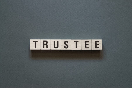 The word "TRUSTEE" spelt out in wooden letter blocks on a grey background.