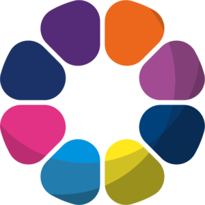 Colourful abstract logo composed of overlapping petals in a circular arrangement.