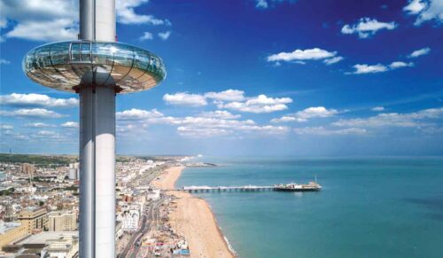 Aerial view of Brighton coastline with the observation tower and beach.