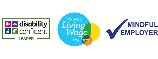 Logos of Disability Confident Leader, Living Wage Employer, and Mindful Employer