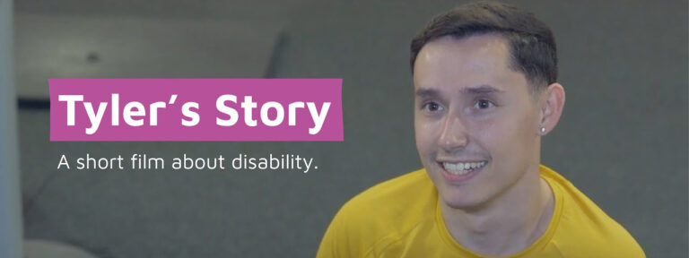 man smiling in a promotional banner for 'Tyler’s Story', a film about disability