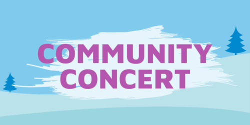 "Community Concert" text in bold purple over a brushed white stroke on a light blue snowy background with evergreen trees.