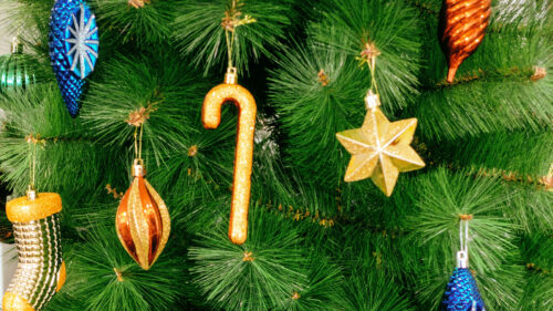 Close-up of a Christmas tree with sparkling ornaments including a cane, a star, and pinecones.