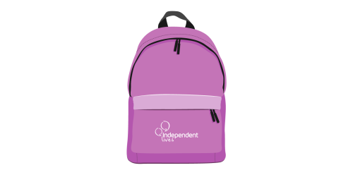Purple backpack featuring the Independent Lives logo