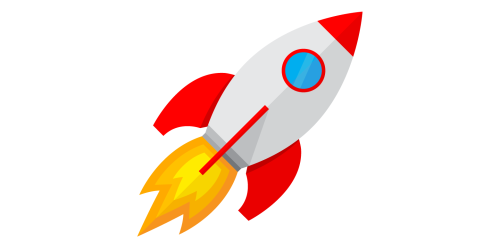 Cartoon rocket with red fins and a fiery yellow blast off