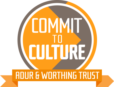 Logo of 'Commit to Culture' by Adur & Worthing Trust featuring a circular design with orange and grey colours.