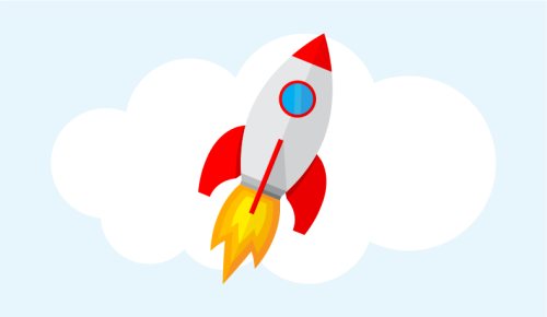 Illustration of a red and white rocket with yellow flames launching into a sky with cloud graphics.