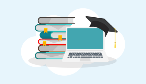 Vector illustration of a laptop with a graduation cap on top and a stack of colourful books beside it.