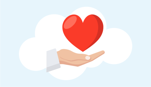 Graphic illustration of a hand presenting a red heart, surrounded by clouds against a light blue background.