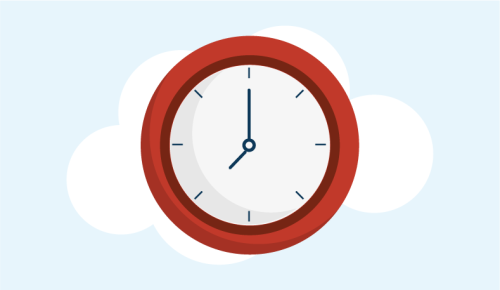 Simplified illustration of a red wall clock surrounded by clouds on a light blue background.
