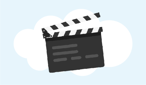 A stylized icon of a clapperboard against a background of fluffy clouds.