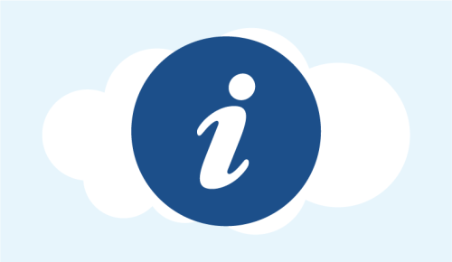 Information icon with a white 'i' on a blue circle background, surrounded by white clouds.
