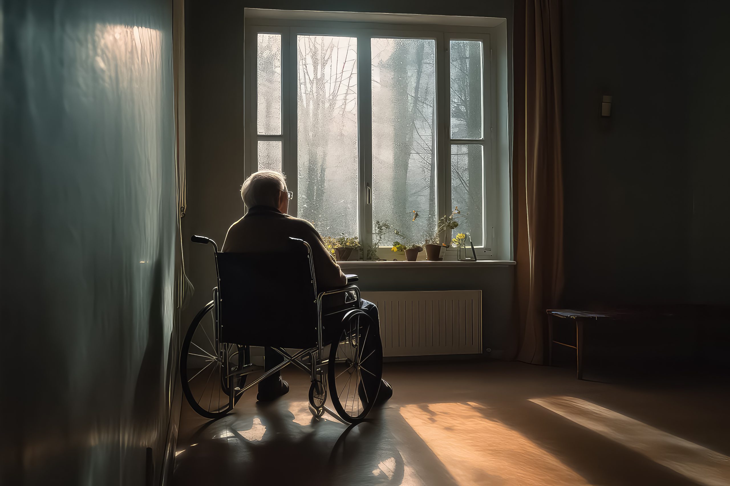 The image portrays a peaceful scene of an elderly person sitting in a wheelchair, gazing out of a large window that reveals a view of bare trees and a misty atmosphere, suggesting a cold or frosty day. The room is filled with a warm, natural light that casts soft shadows across the floor, creating a contemplative ambiance. On the windowsill, there are several small flowering plants, adding a splash of colour and life to the serene interior. The overall atmosphere is quiet and still, evoking a sense of solitude and reflection.