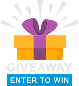 The image depicts a graphic for a giveaway, featuring a stylized gift box with a bright yellow-orange base and a purple ribbon, giving the impression of a present. The box is accented with white lines radiating outward, symbolising excitement or surprise. Below the gift box, there is bold text that reads "GIVEAWAY" in white letters on a dark rectangular background, with a call-to-action "ENTER TO WIN" in bright blue just below it. The overall design suggests an advertisement for a promotional event or competition.