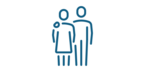 The image shows a simple, stylised line drawing of two figures, representing a caregiver and a care receiver. The caregiver is depicted as a taller figure with a straight posture, while the care receiver, who appears to be shorter, is standing slightly in front of the caregiver, suggesting a protective or supportive stance.