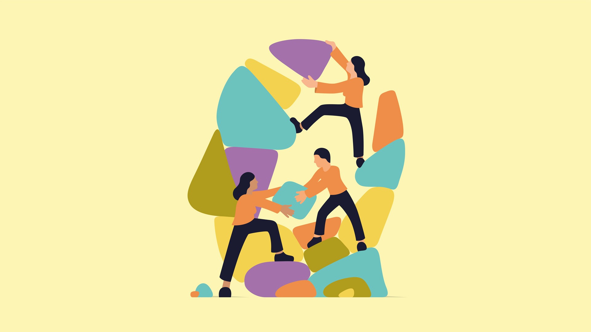 Illustration of three people collaboratively assembling a structure of colourful, abstract shapes.