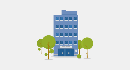 A simplistic and stylized illustration of a blue multi-story building, possibly an office or block of flats. The building has a considerable number of windows arranged in a regular grid pattern. In the front, there is an entrance with doors and a small overhang. Surrounding the building are green, round-topped trees, adding a touch of nature to the scene. The background is plain and light, highlighting the building and trees. The overall feel is that of a clean, urban environment, portrayed in a minimalist art style.