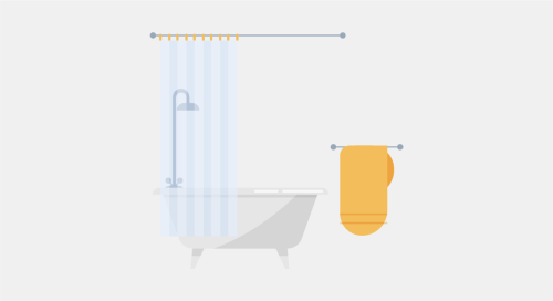 The image depicts a minimalistic and modern bathroom setting, featuring a clawfoot bathtub with a shower head above it, illustrated on the left. The bathtub has a shower curtain drawn halfway around it, which is striped in a light colour, likely suggesting a clean, serene environment. To the right, there is a towel hanging on a rail, rendered in a solid, warm colour, possibly yellow or orange, adding a pop of colour to the otherwise neutral scene. The background is plain, emphasising the simplicity and cleanliness of the bathroom setup.