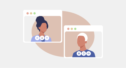 A stylized illustration of two overlapping browser windows featuring profile images of a healthcare professional. The first window shows a woman with dark skin and her hair styled in a bun, wearing a light blue medical scrub with a stethoscope around her neck. The second window displays a man with light skin, bald, also in a blue medical scrub with a stethoscope. Both figures are depicted without facial features, in a minimalistic and modern design. The background is a light taupe, complementing the neutral and professional tone of the illustration.