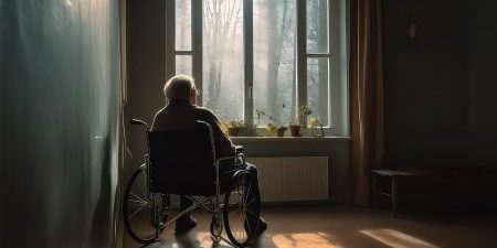 The image portrays a peaceful scene of an elderly person sitting in a wheelchair, gazing out of a large window that reveals a view of bare trees and a misty atmosphere, suggesting a cold or frosty day. The room is filled with a warm, natural light that casts soft shadows across the floor, creating a contemplative ambiance. On the windowsill, there are several small flowering plants, adding a splash of colour and life to the serene interior. The overall atmosphere is quiet and still, evoking a sense of solitude and reflection.