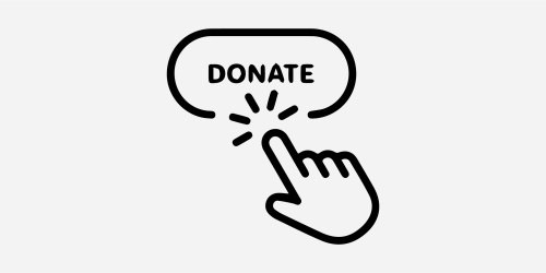 A graphic of a hand cursor clicking on a speech bubble with the word "DONATE" inside it.