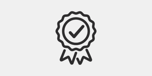 Black and white illustration of a seal of approval with a checkmark in the centre.