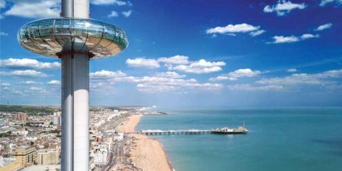 Aerial view of Brighton coastline with the observation tower and beach.